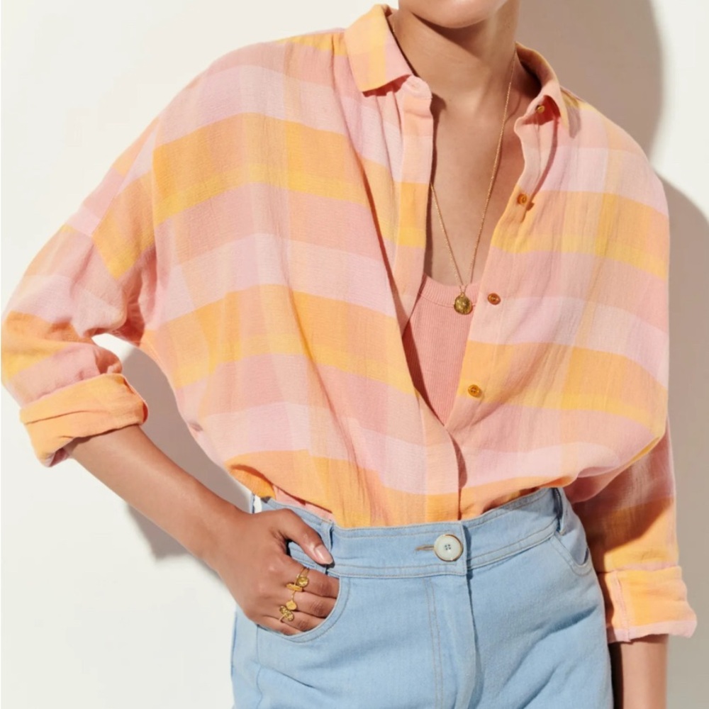 Sessun Delima Pink and Yellow Plaid Button-Up Shirt